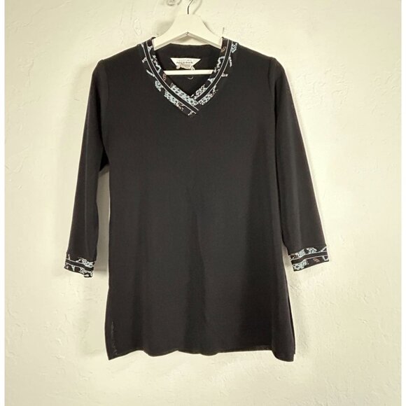 Exclusively Misook Womens Knit Sweater XS V-Neck Pullover Black Blue Brown Trim - Picture 1 of 7